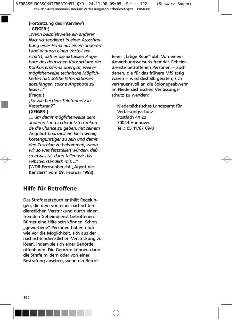 Seite 192 des Verfassungsschutzbericht 1997 Niedersachsen