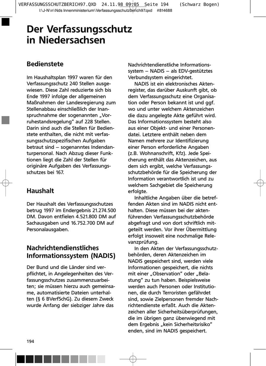 Seite 194 des Verfassungsschutzbericht 1997 Niedersachsen