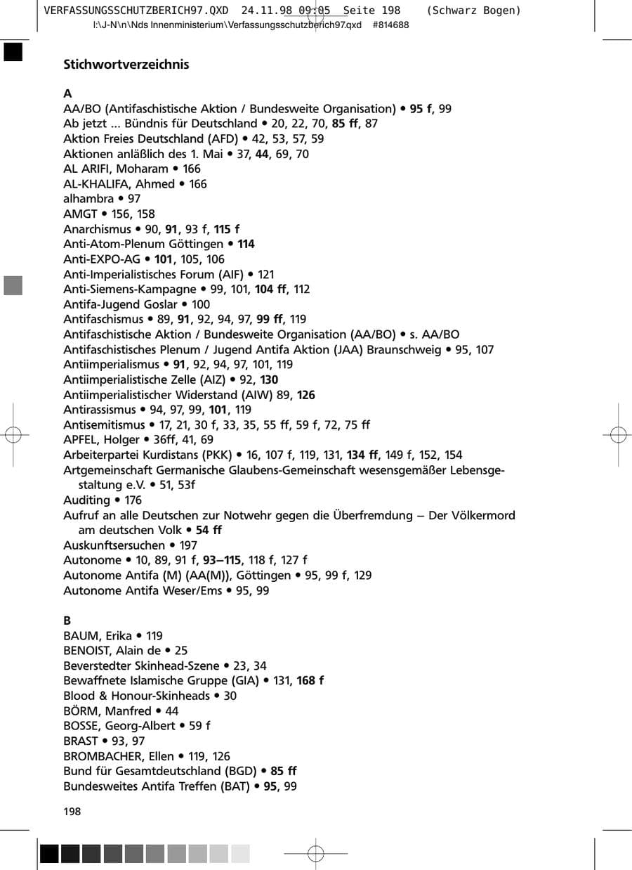 Seite 198 des Verfassungsschutzbericht 1997 Niedersachsen