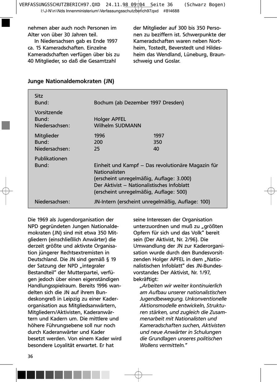 Seite 36 des Verfassungsschutzbericht 1997 Niedersachsen