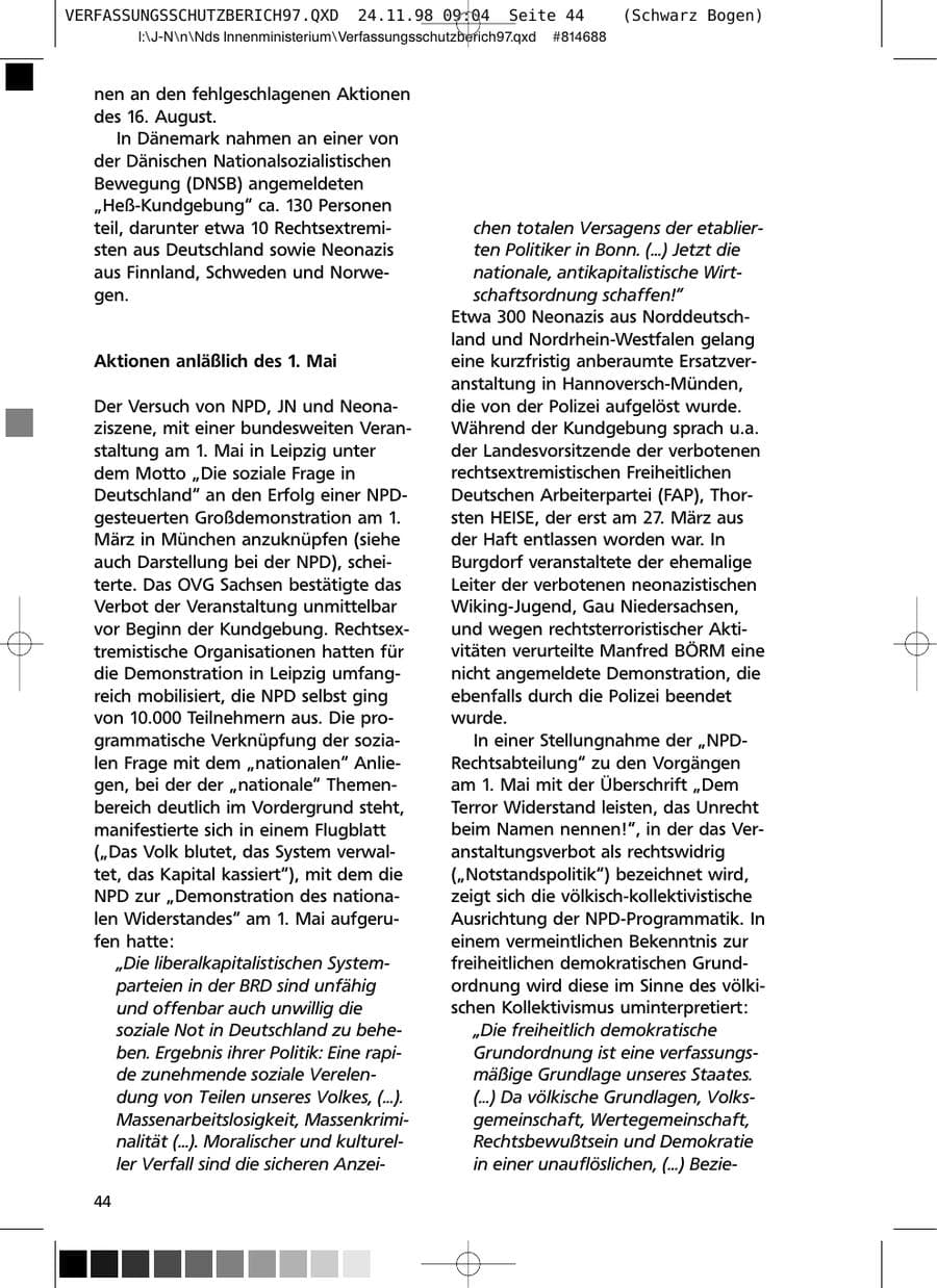 Seite 44 des Verfassungsschutzbericht 1997 Niedersachsen