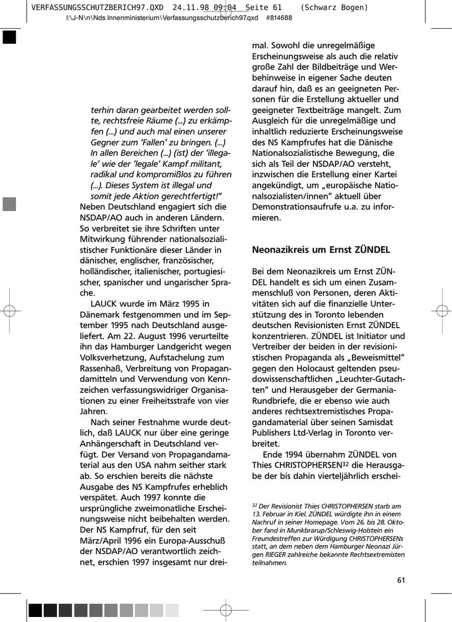 Seite 61 des Verfassungsschutzbericht 1997 Niedersachsen
