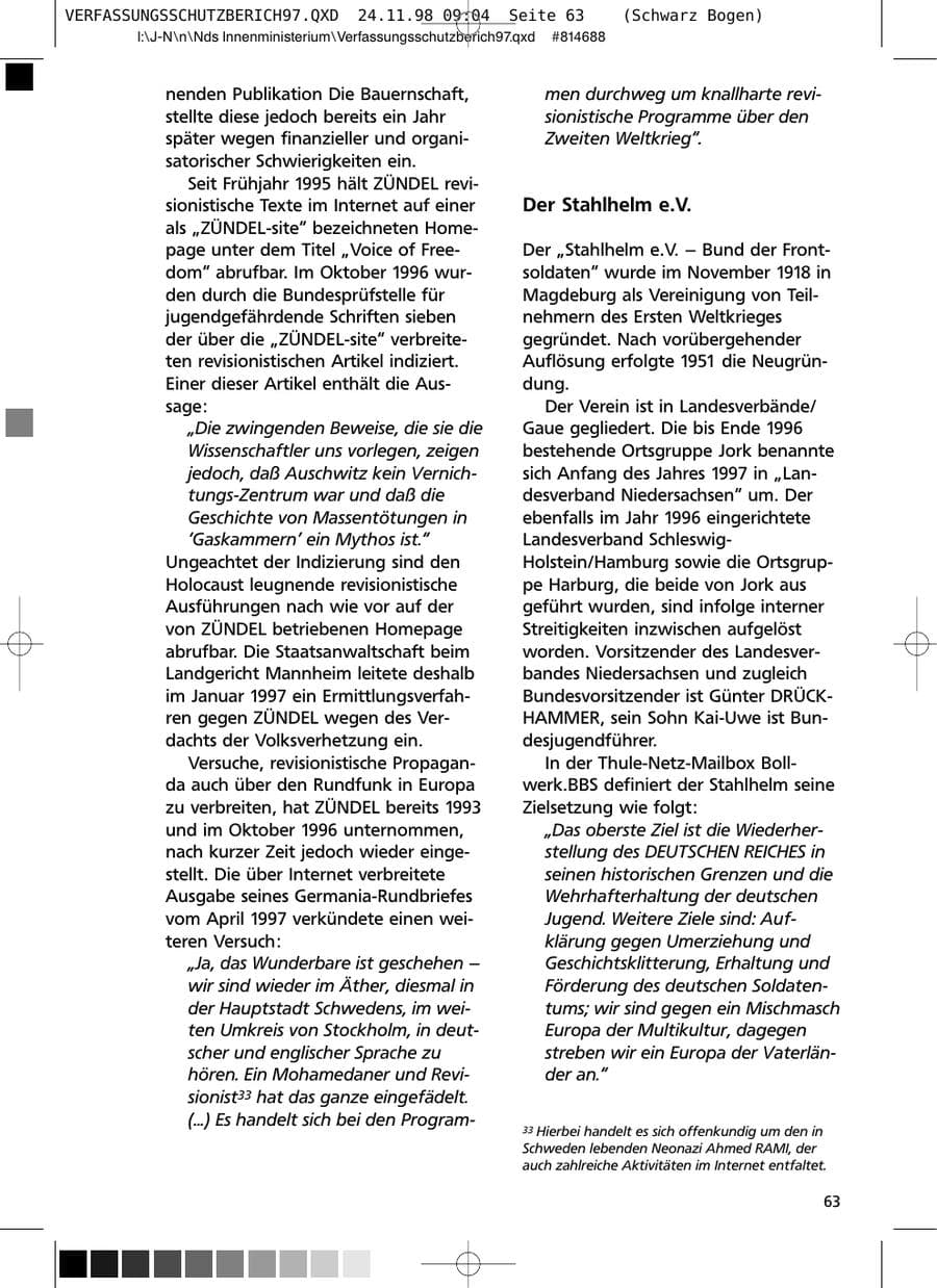Seite 63 des Verfassungsschutzbericht 1997 Niedersachsen
