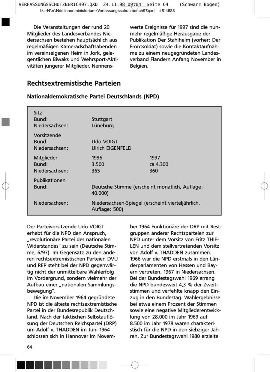 Seite 64 des Verfassungsschutzbericht 1997 Niedersachsen