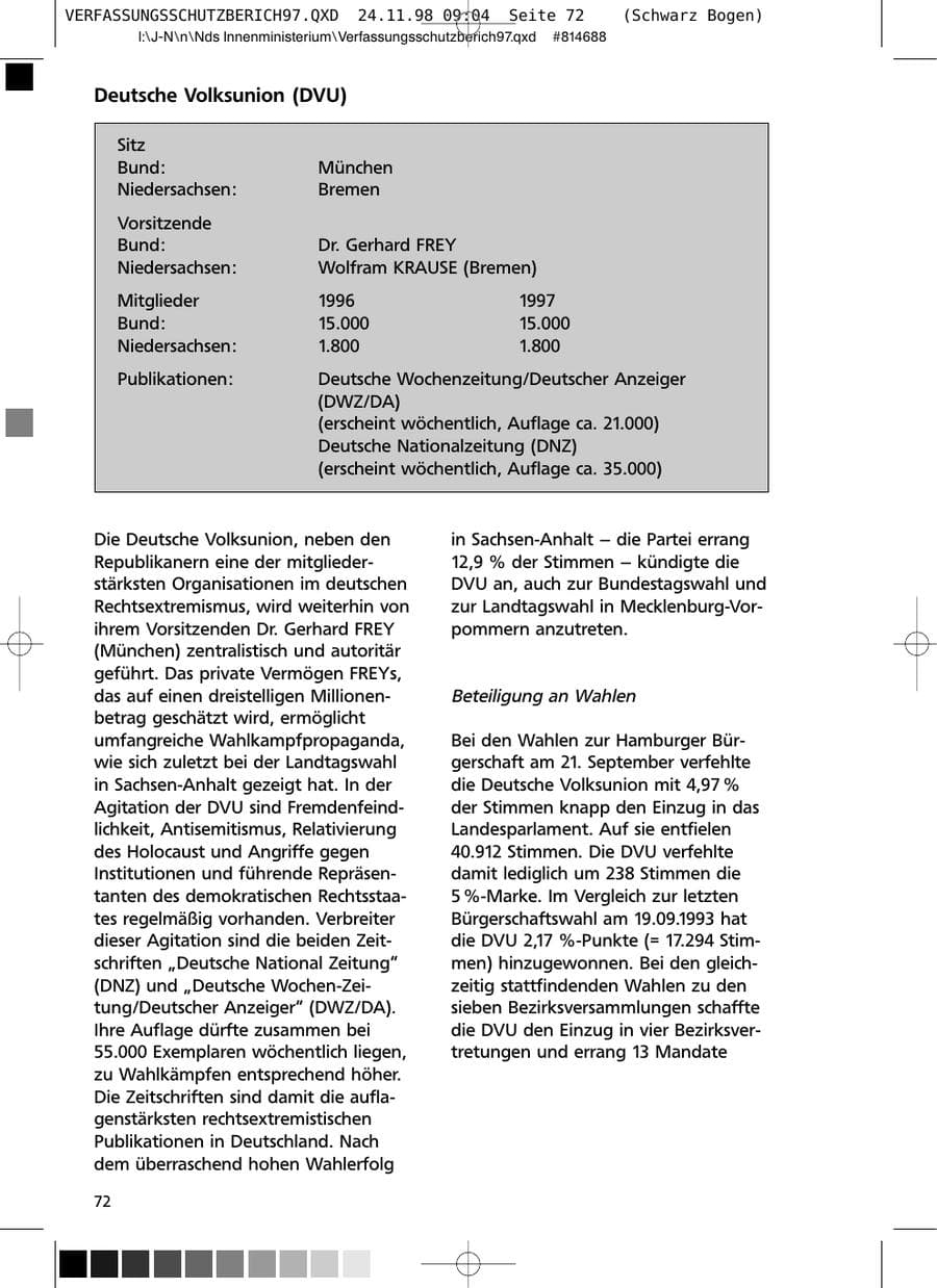 Seite 72 des Verfassungsschutzbericht 1997 Niedersachsen