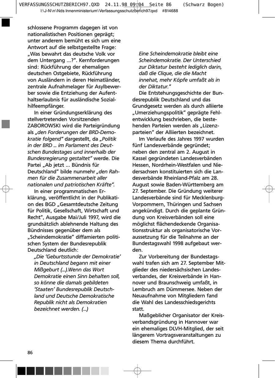 Seite 86 des Verfassungsschutzbericht 1997 Niedersachsen
