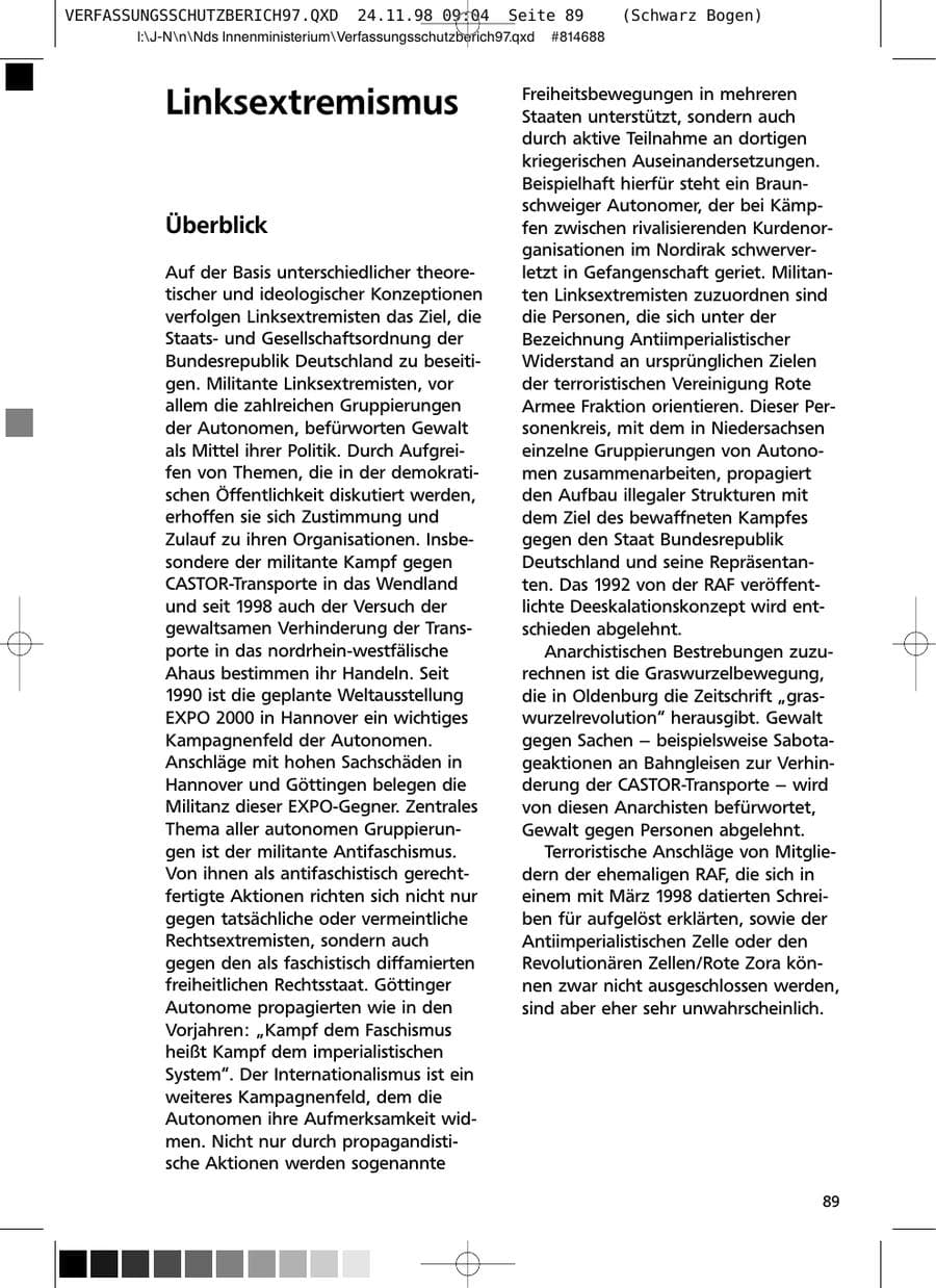 Seite 89 des Verfassungsschutzbericht 1997 Niedersachsen