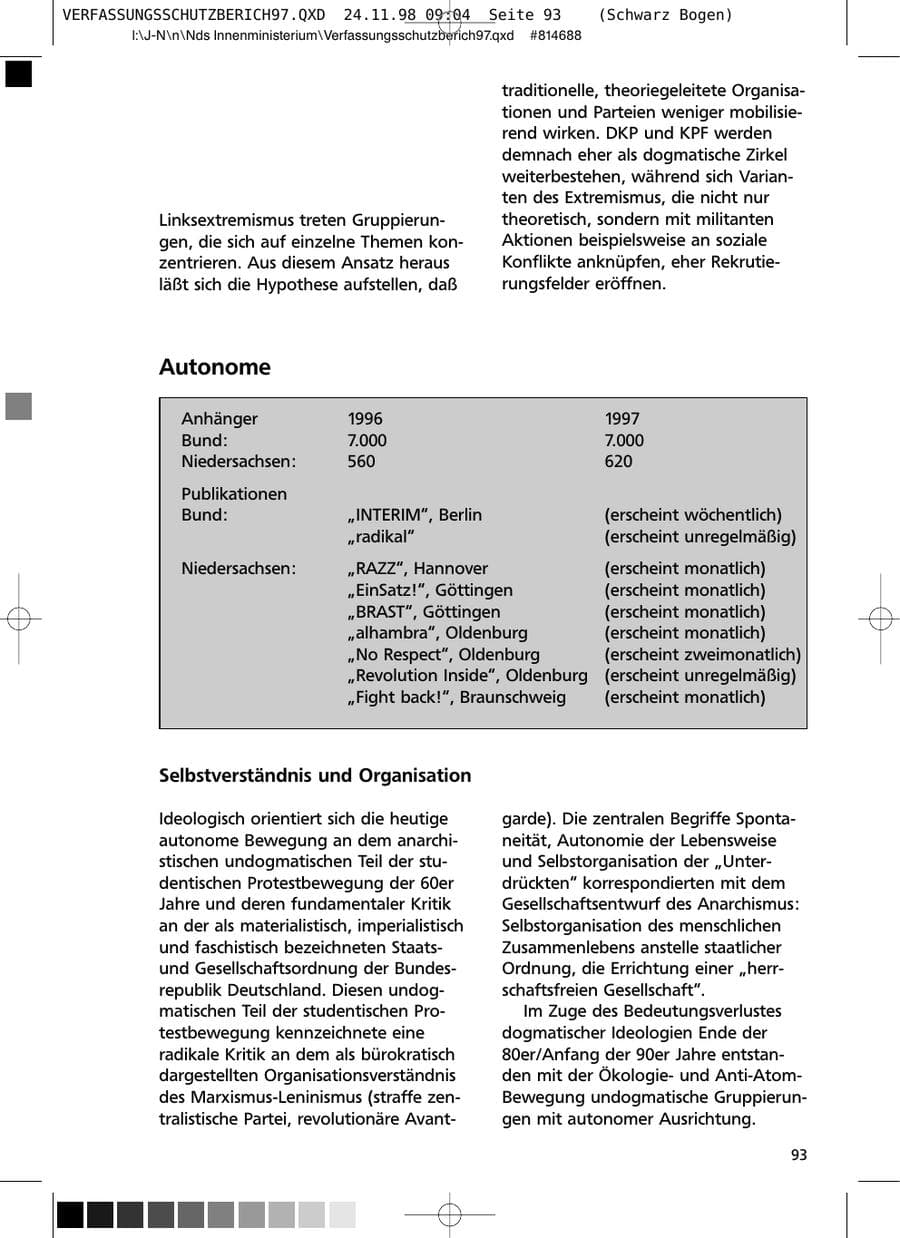 Seite 93 des Verfassungsschutzbericht 1997 Niedersachsen