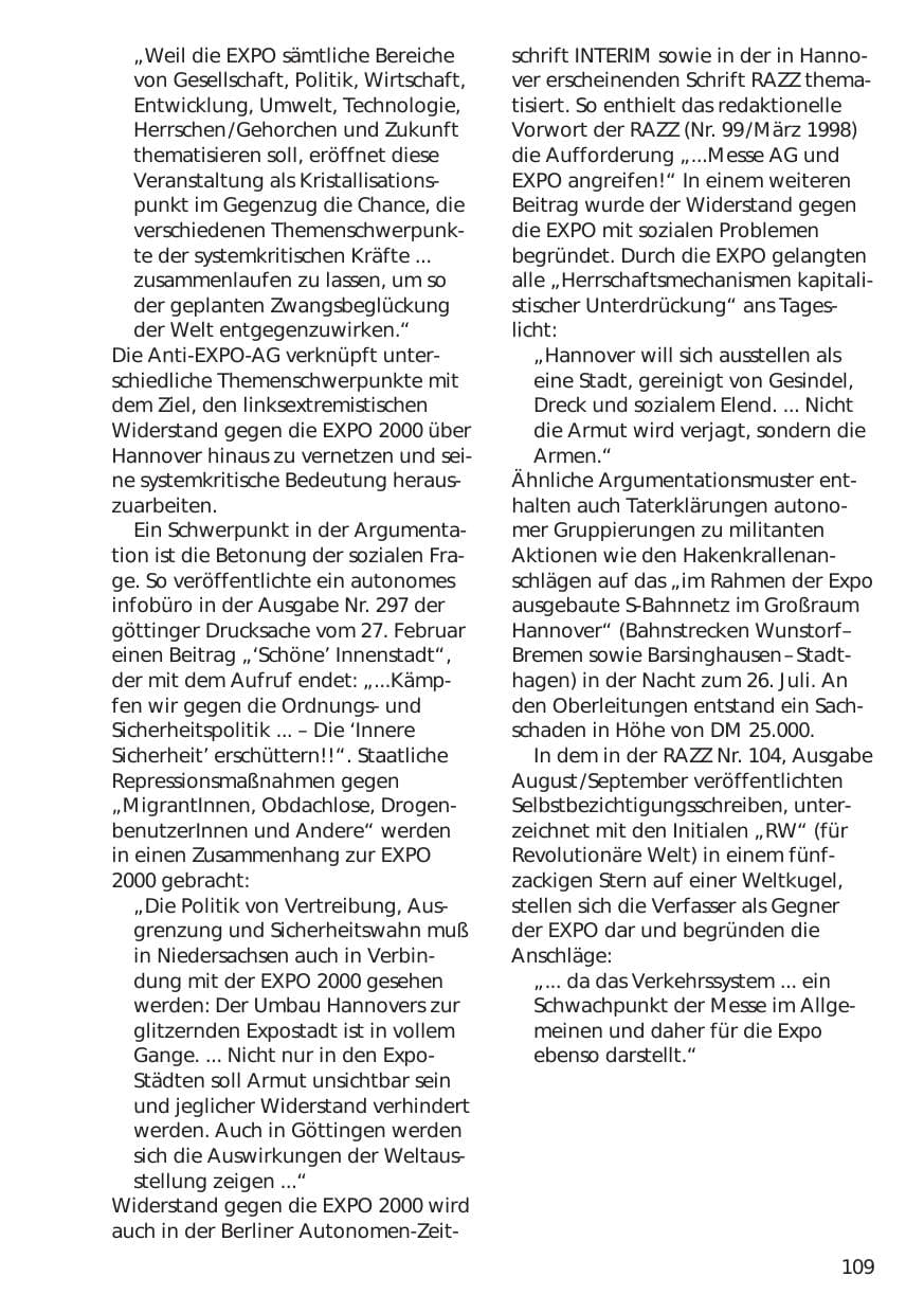 Seite 109 des Verfassungsschutzbericht 1998 Niedersachsen