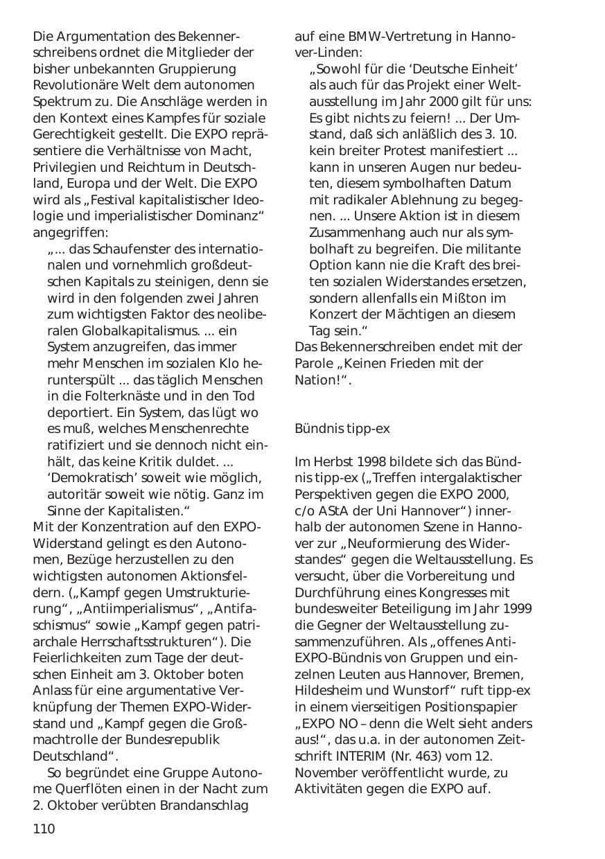 Seite 110 des Verfassungsschutzbericht 1998 Niedersachsen