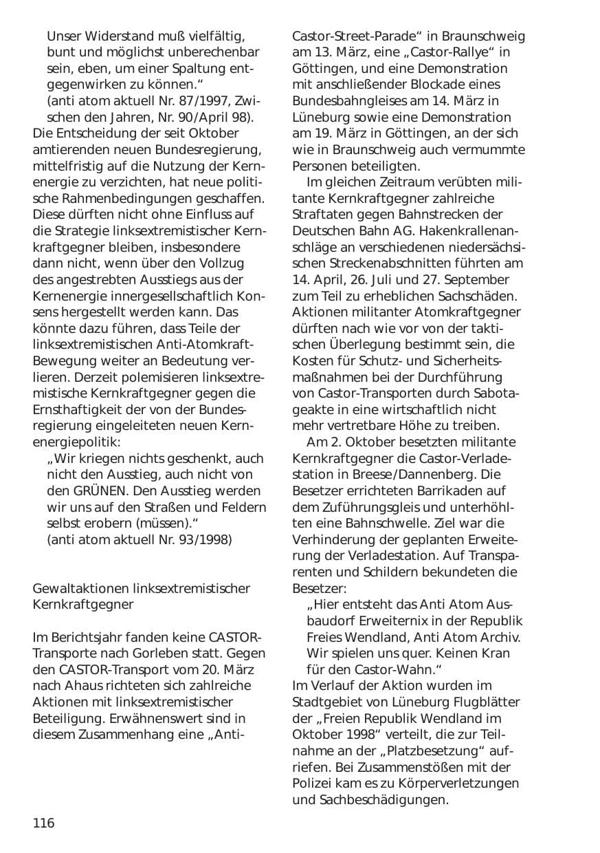 Seite 116 des Verfassungsschutzbericht 1998 Niedersachsen