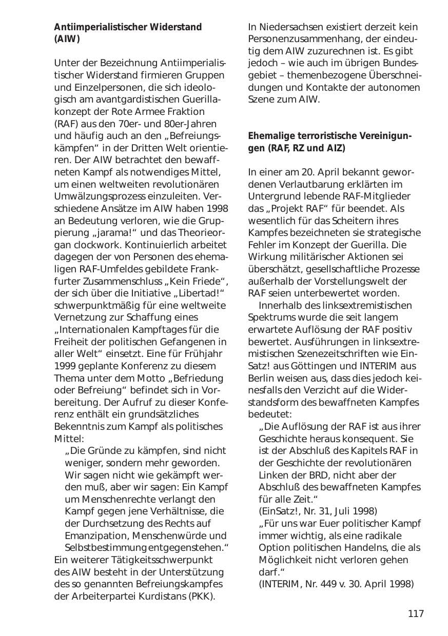 Seite 117 des Verfassungsschutzbericht 1998 Niedersachsen