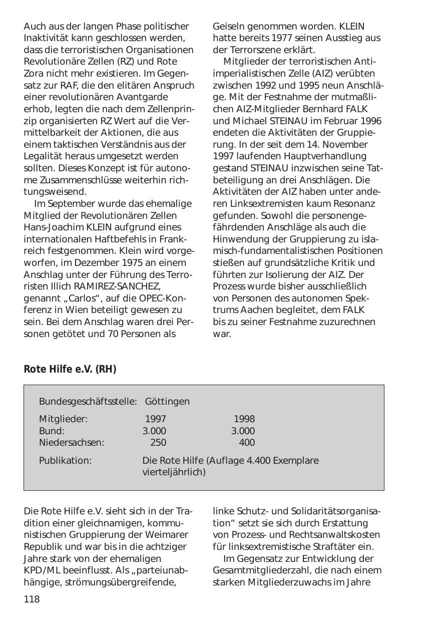 Seite 118 des Verfassungsschutzbericht 1998 Niedersachsen
