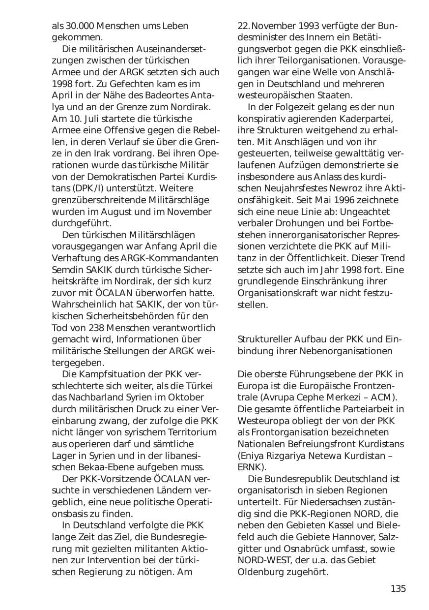 Seite 135 des Verfassungsschutzbericht 1998 Niedersachsen