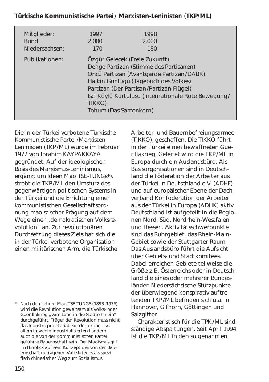 Seite 150 des Verfassungsschutzbericht 1998 Niedersachsen