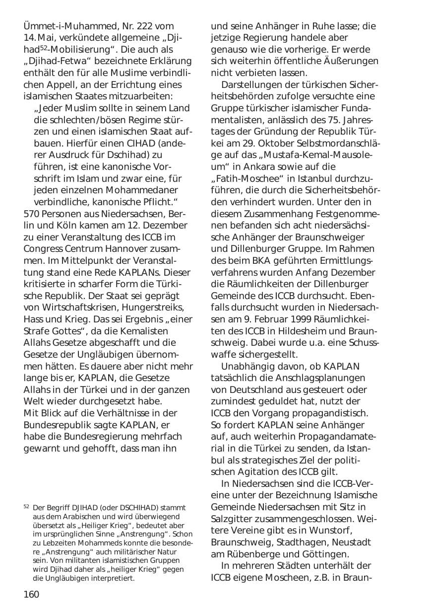 Seite 160 des Verfassungsschutzbericht 1998 Niedersachsen