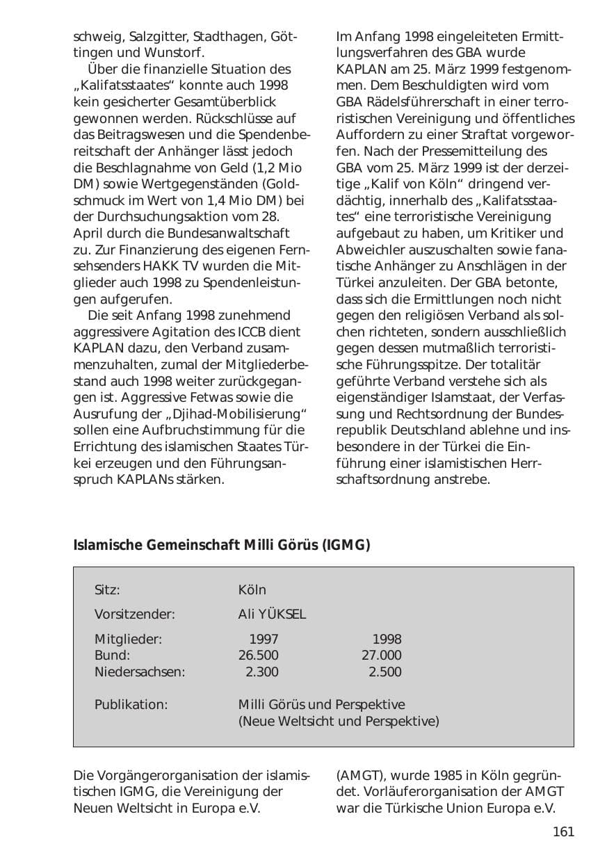Seite 161 des Verfassungsschutzbericht 1998 Niedersachsen