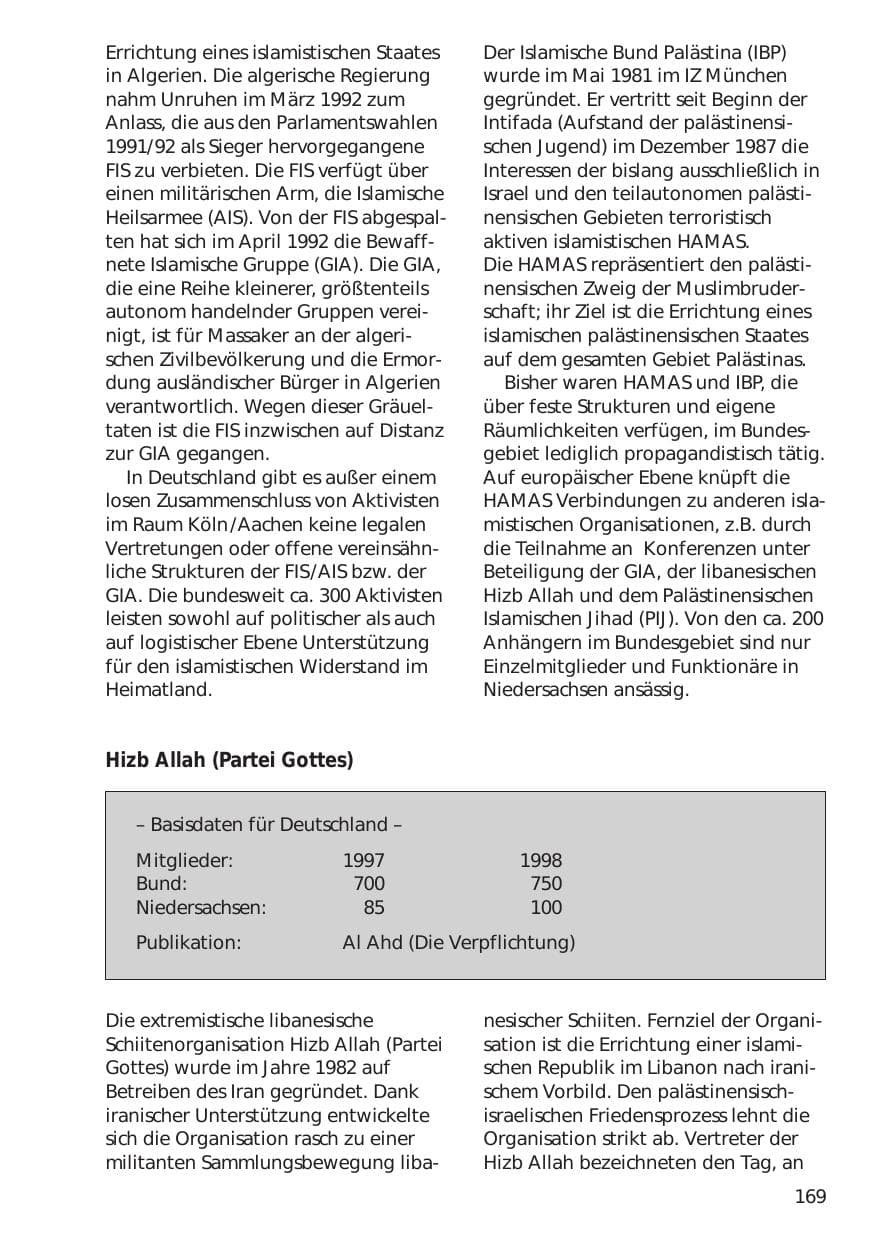 Seite 169 des Verfassungsschutzbericht 1998 Niedersachsen