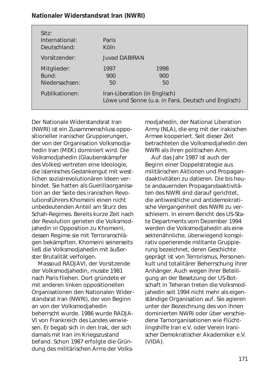 Seite 171 des Verfassungsschutzbericht 1998 Niedersachsen