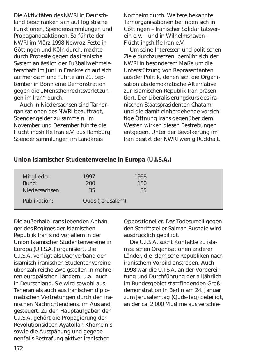 Seite 172 des Verfassungsschutzbericht 1998 Niedersachsen
