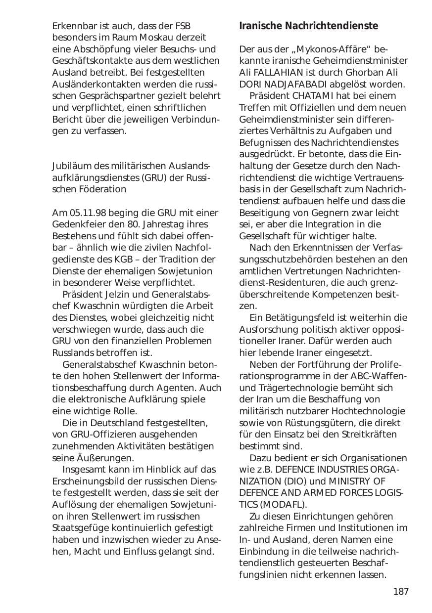 Seite 187 des Verfassungsschutzbericht 1998 Niedersachsen