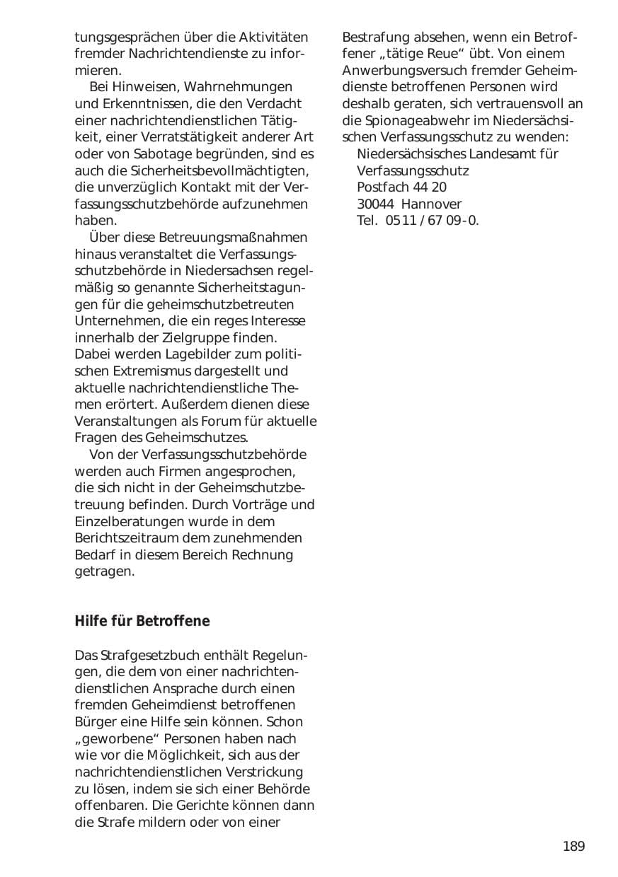 Seite 189 des Verfassungsschutzbericht 1998 Niedersachsen