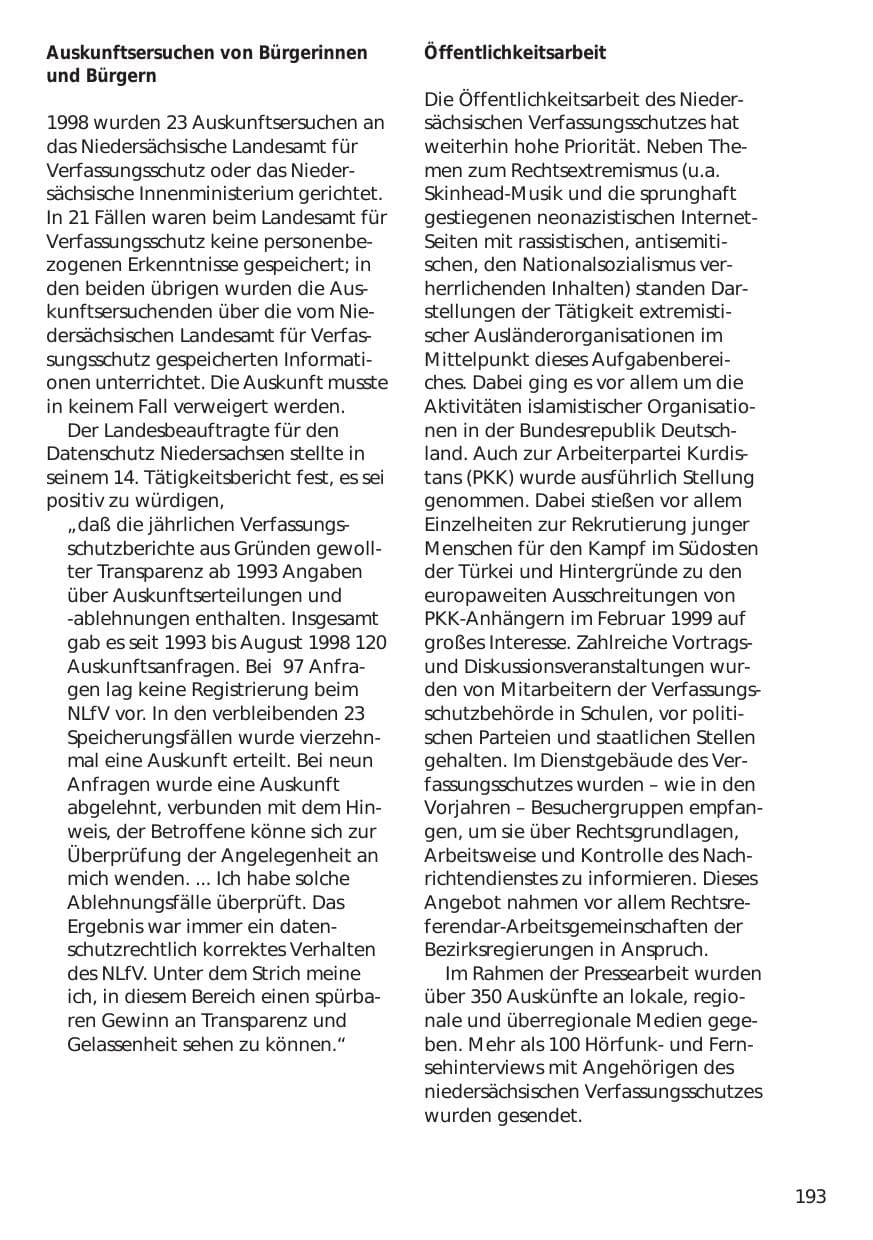 Seite 193 des Verfassungsschutzbericht 1998 Niedersachsen
