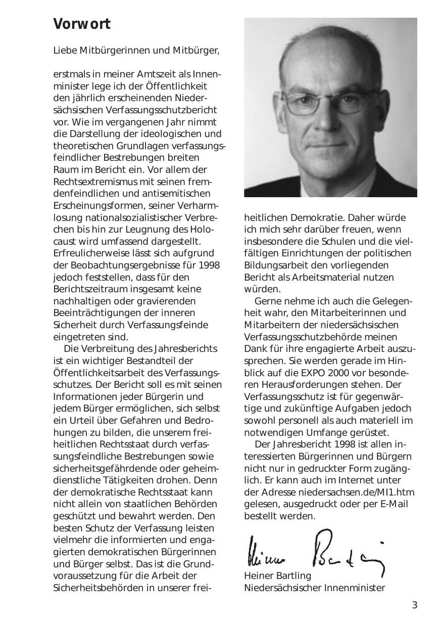 Seite 3 des Verfassungsschutzbericht 1998 Niedersachsen