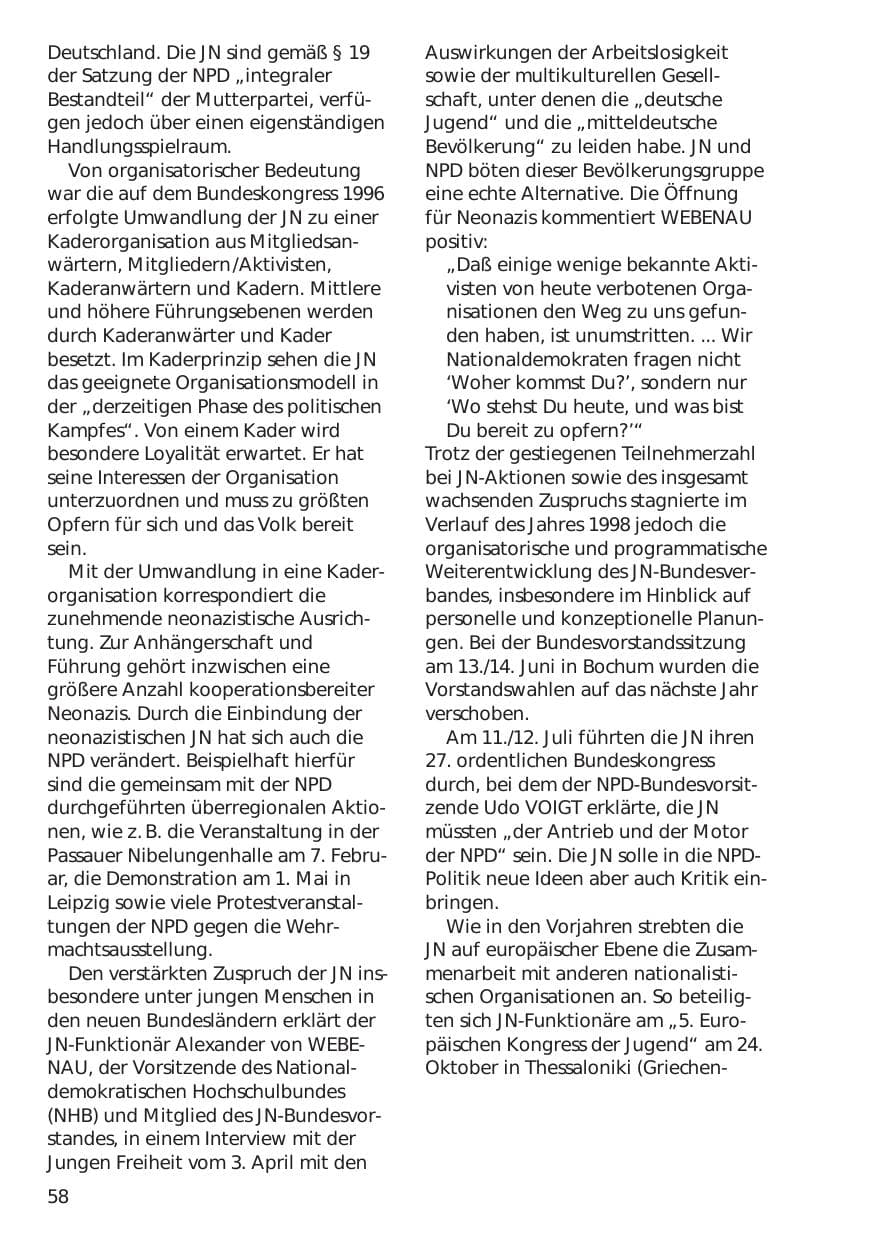 Seite 58 des Verfassungsschutzbericht 1998 Niedersachsen