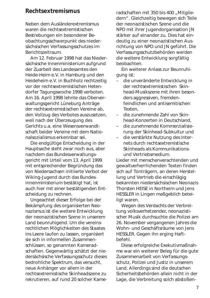 Seite 7 des Verfassungsschutzbericht 1998 Niedersachsen
