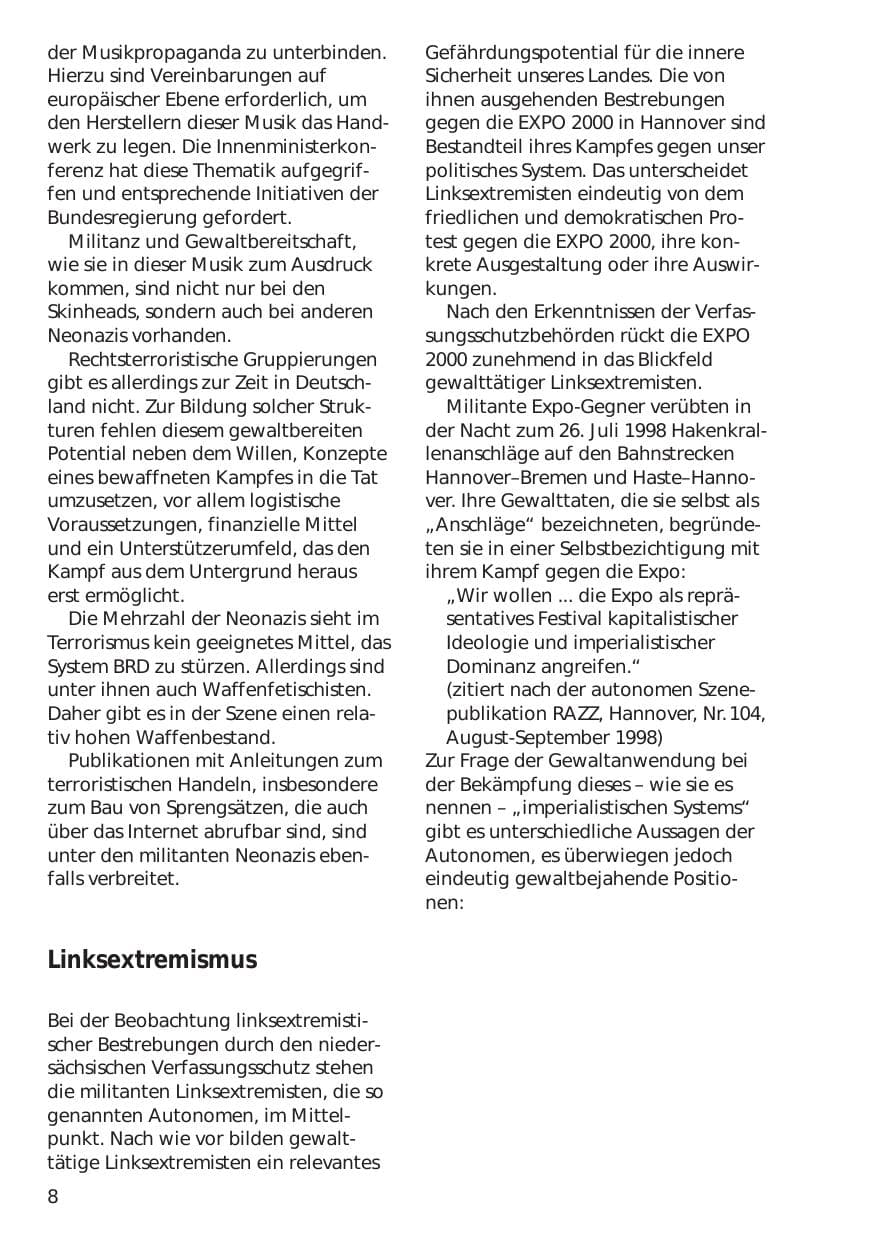 Seite 8 des Verfassungsschutzbericht 1998 Niedersachsen