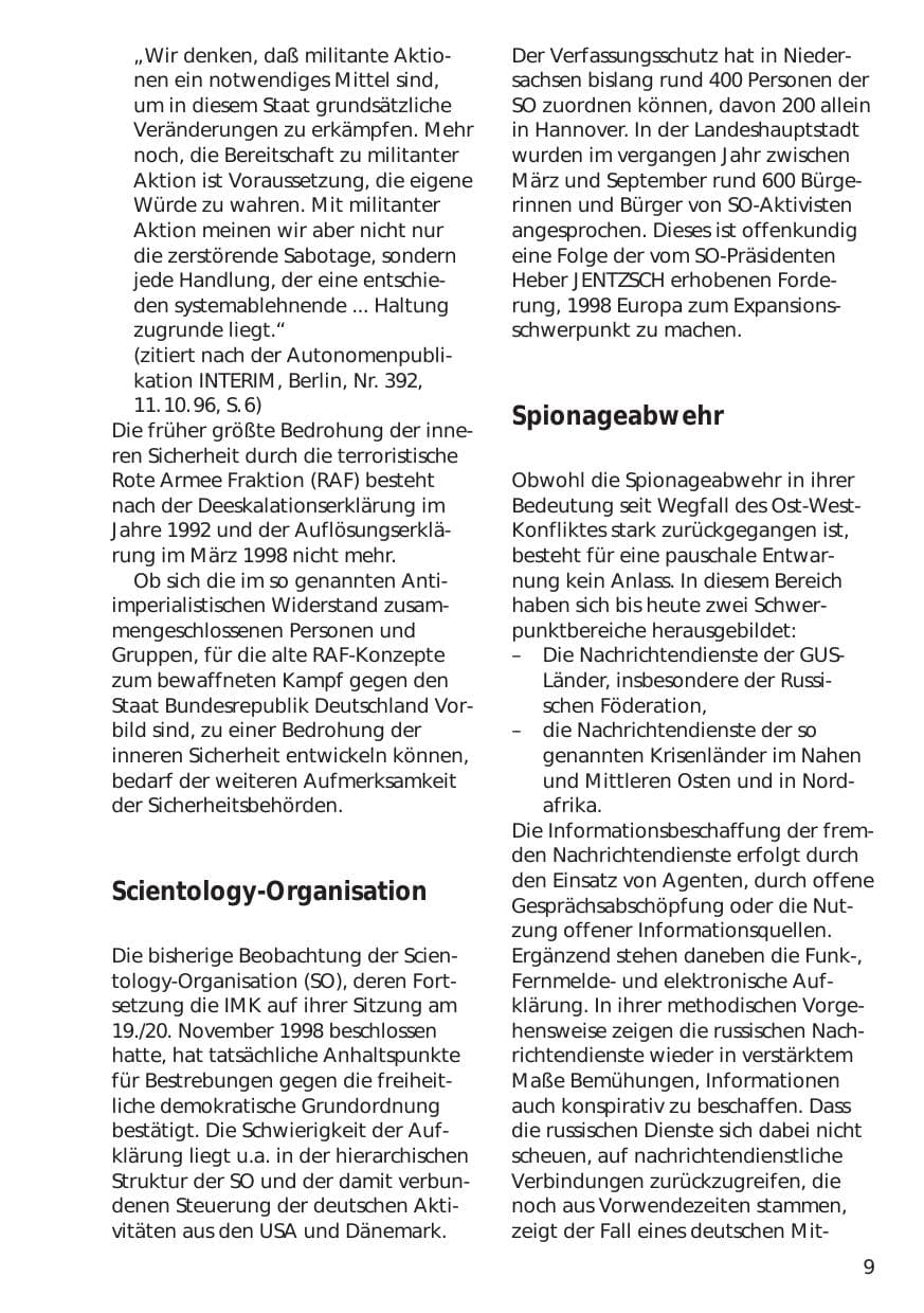 Seite 9 des Verfassungsschutzbericht 1998 Niedersachsen