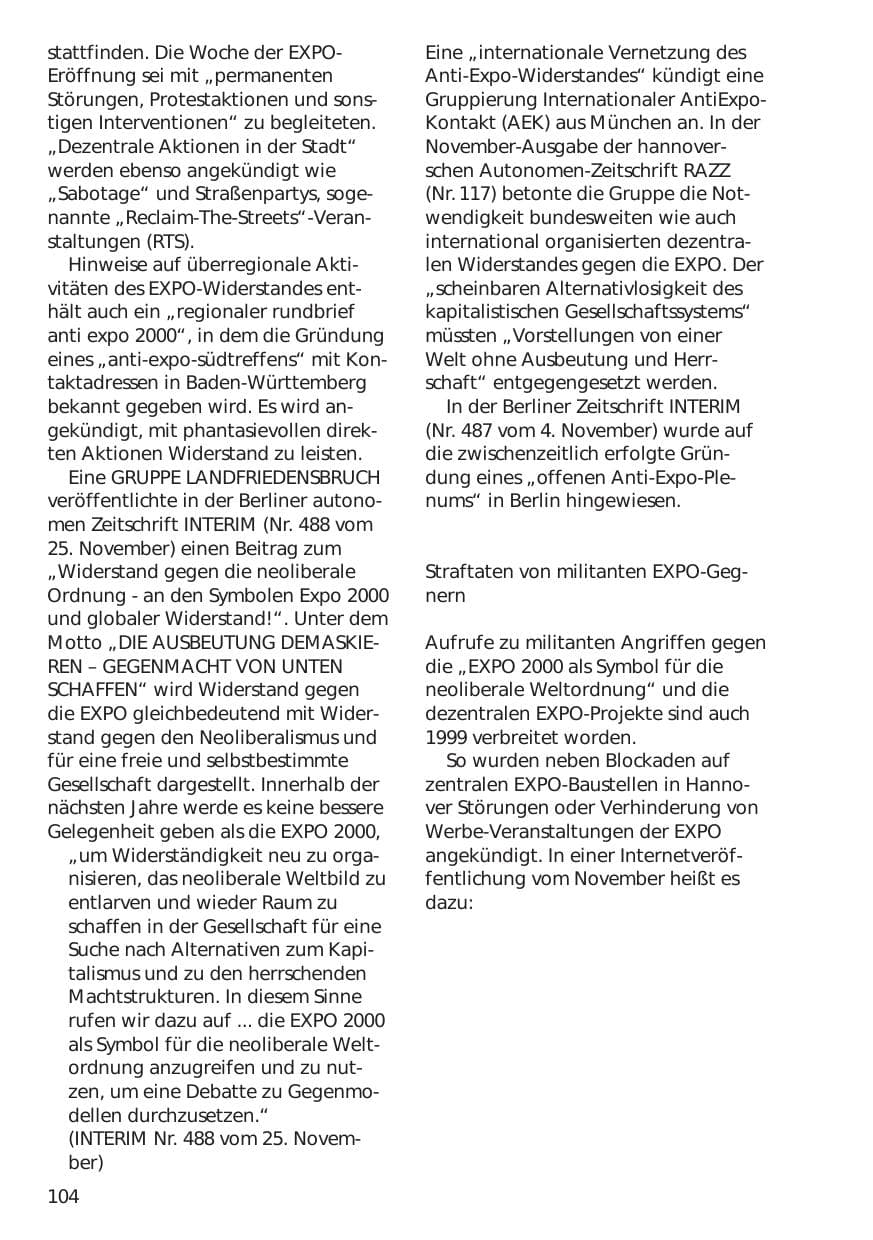 Seite 104 des Verfassungsschutzbericht 1999 Niedersachsen