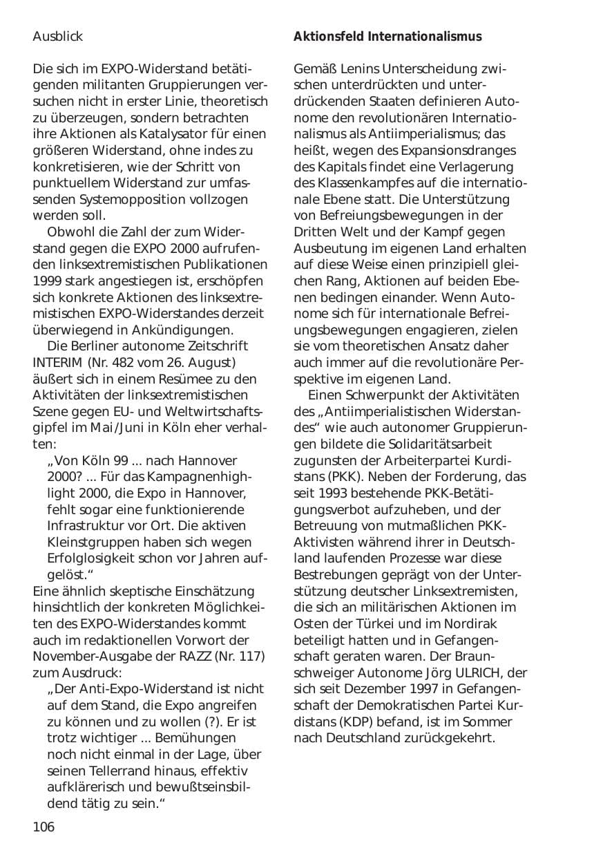 Seite 106 des Verfassungsschutzbericht 1999 Niedersachsen