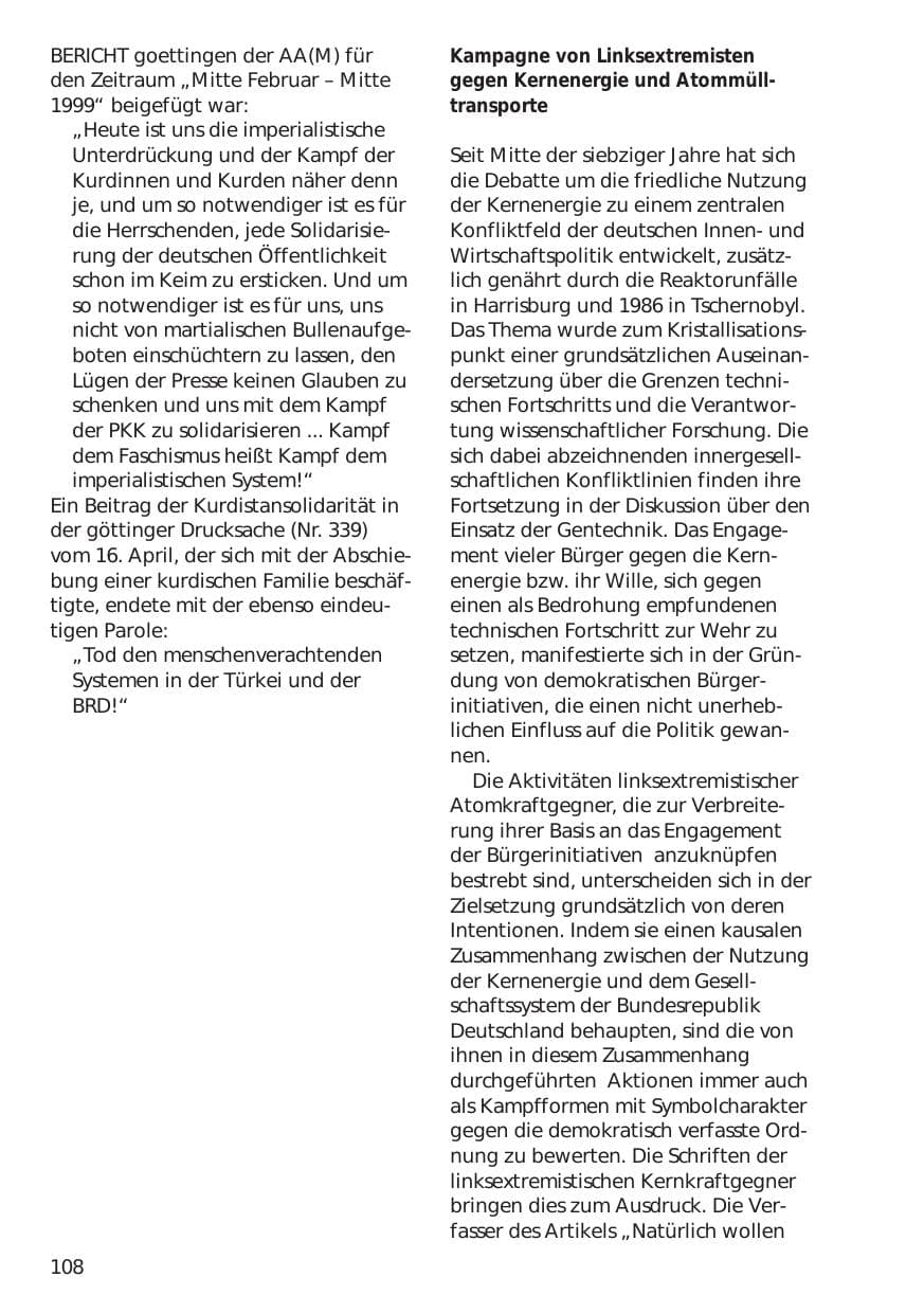Seite 108 des Verfassungsschutzbericht 1999 Niedersachsen