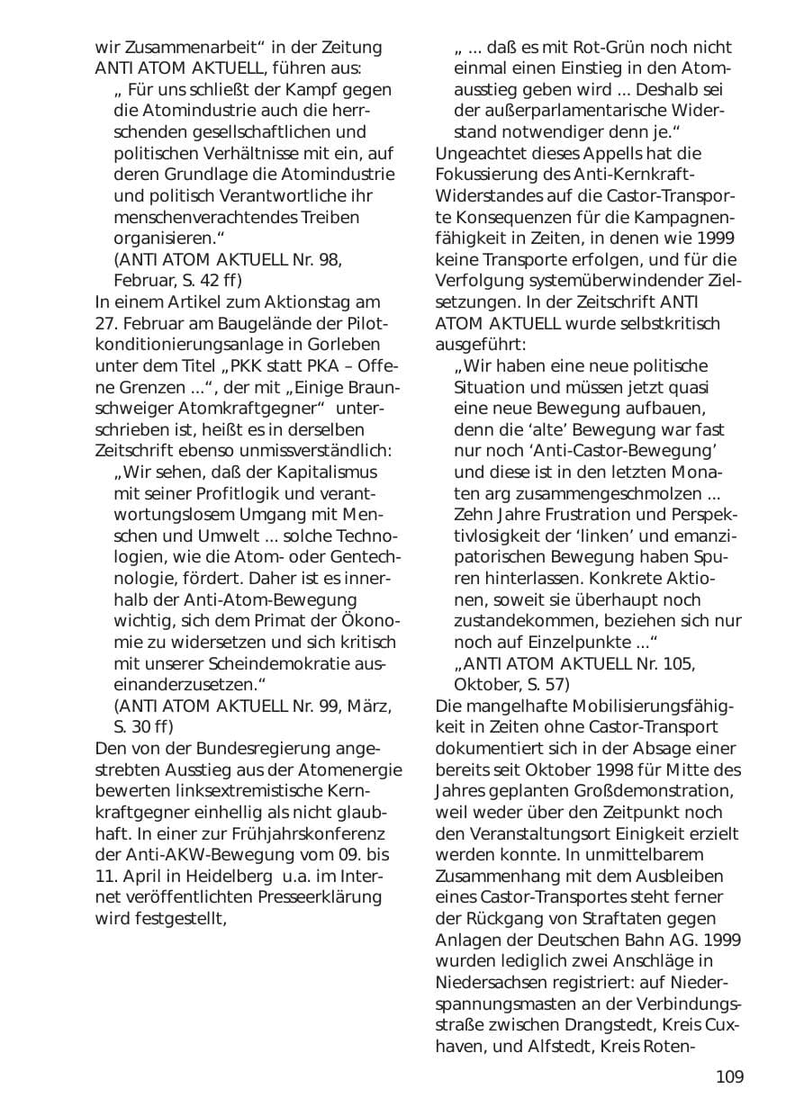 Seite 109 des Verfassungsschutzbericht 1999 Niedersachsen