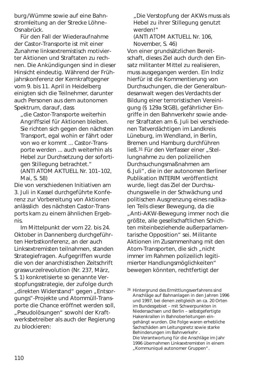 Seite 110 des Verfassungsschutzbericht 1999 Niedersachsen