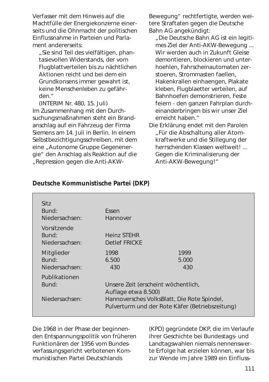 Seite 111 des Verfassungsschutzbericht 1999 Niedersachsen