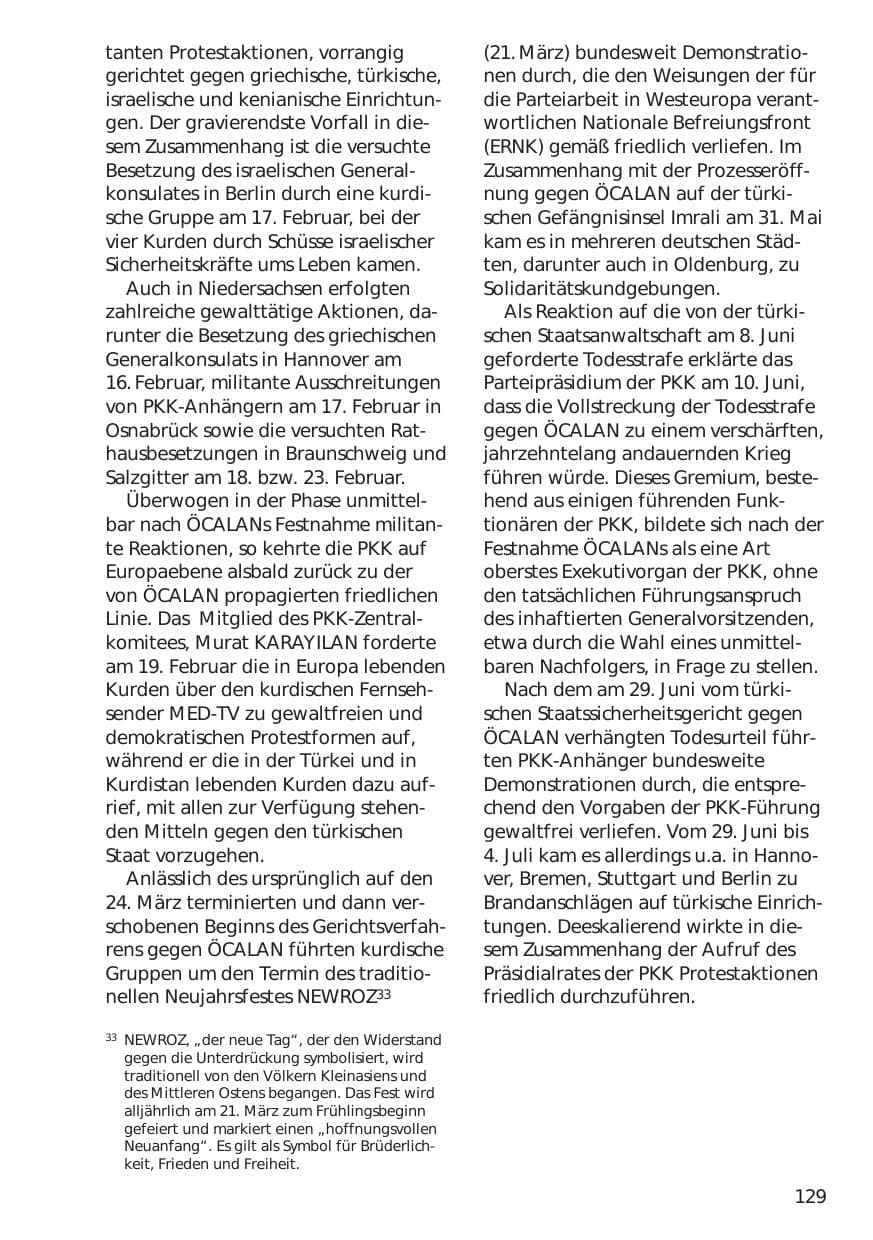 Seite 129 des Verfassungsschutzbericht 1999 Niedersachsen
