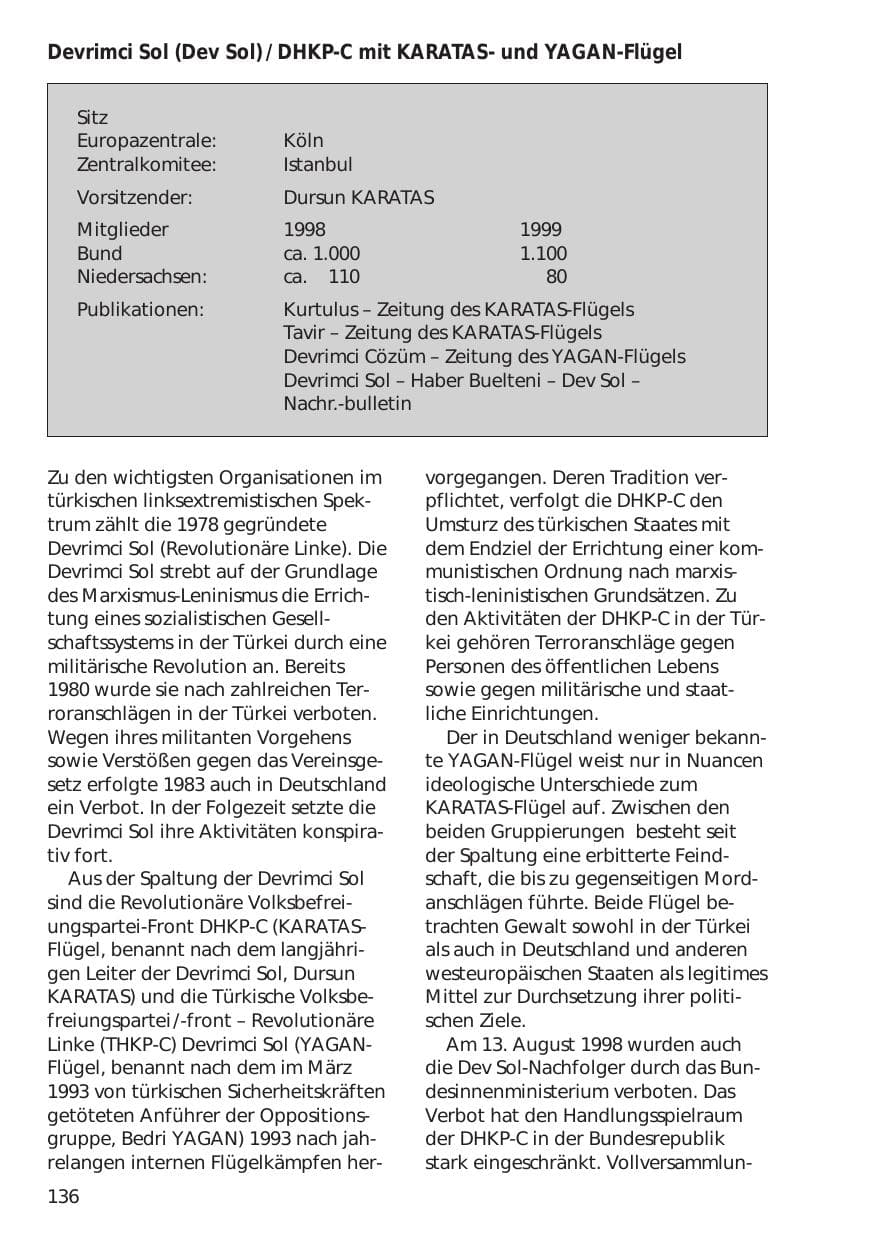 Seite 136 des Verfassungsschutzbericht 1999 Niedersachsen