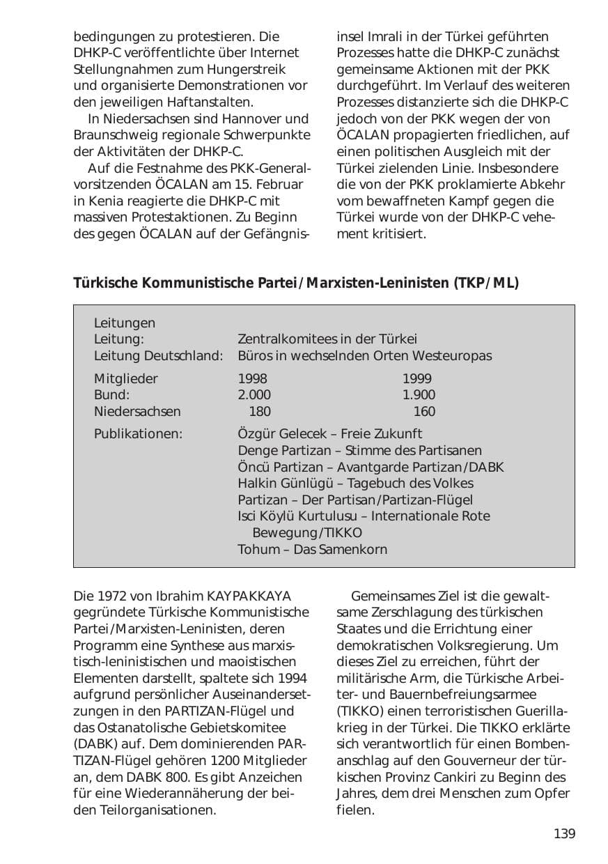 Seite 139 des Verfassungsschutzbericht 1999 Niedersachsen