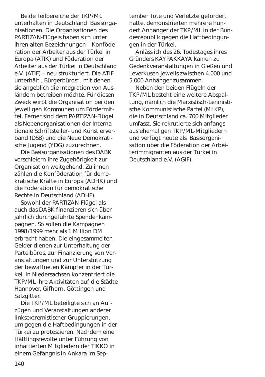 Seite 140 des Verfassungsschutzbericht 1999 Niedersachsen