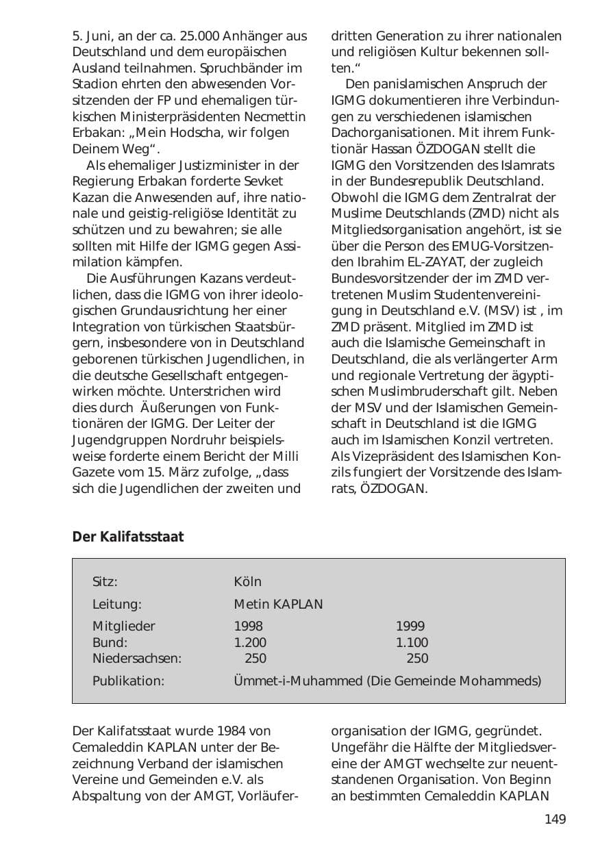 Seite 149 des Verfassungsschutzbericht 1999 Niedersachsen
