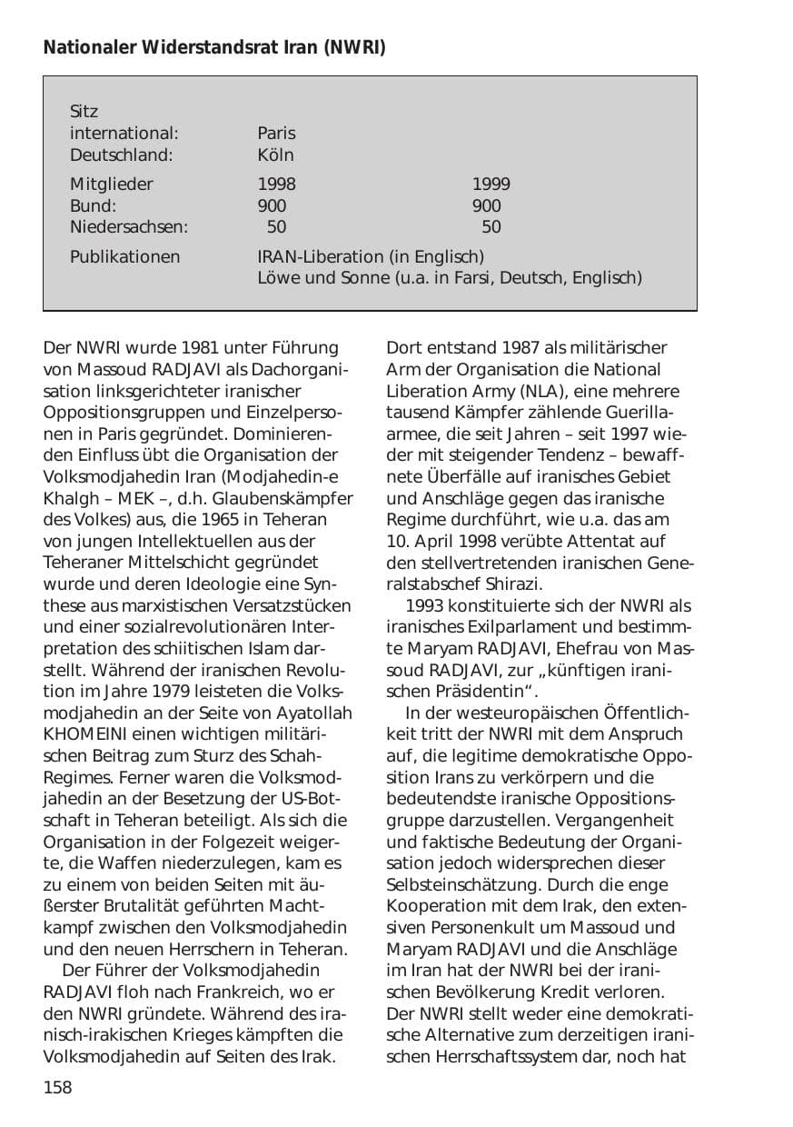 Seite 158 des Verfassungsschutzbericht 1999 Niedersachsen