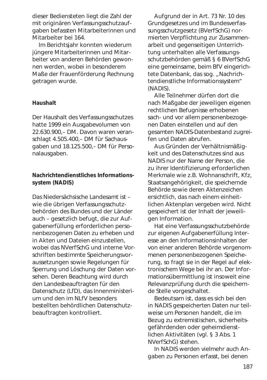 Seite 187 des Verfassungsschutzbericht 1999 Niedersachsen