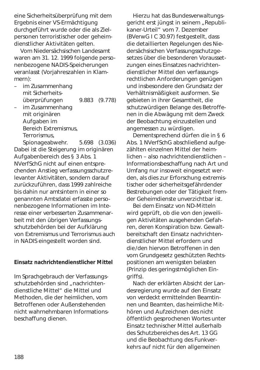 Seite 188 des Verfassungsschutzbericht 1999 Niedersachsen