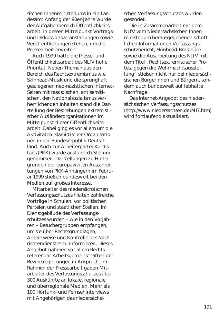 Seite 191 des Verfassungsschutzbericht 1999 Niedersachsen
