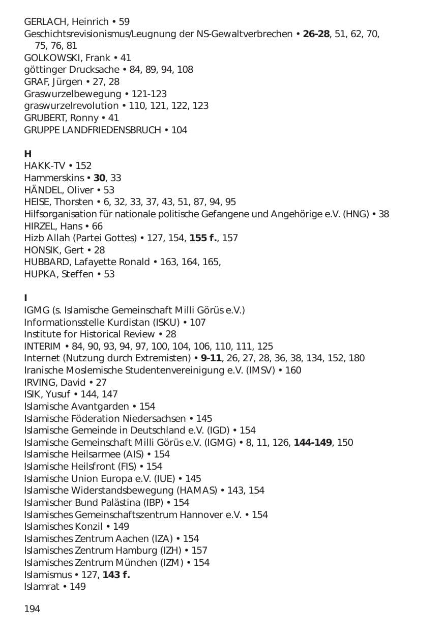 Seite 194 des Verfassungsschutzbericht 1999 Niedersachsen