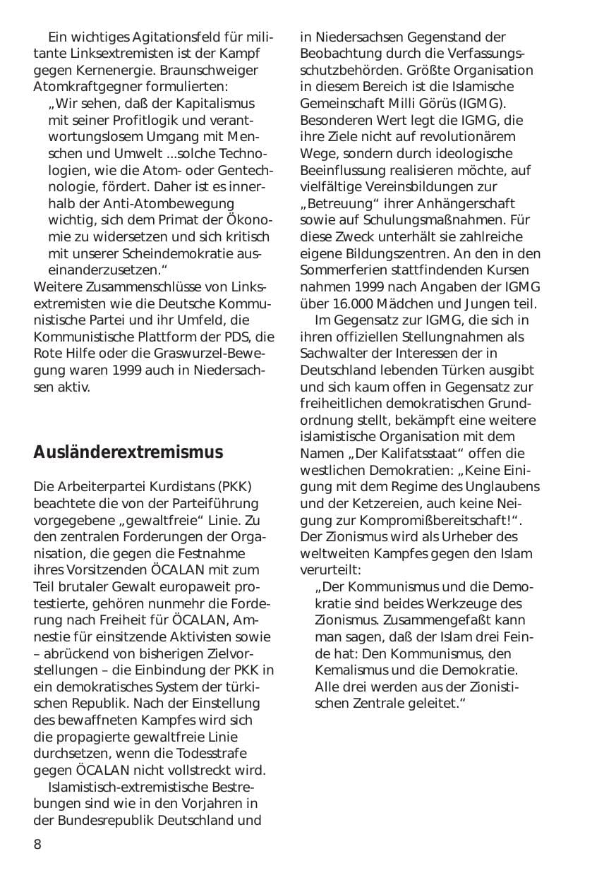 Seite 8 des Verfassungsschutzbericht 1999 Niedersachsen