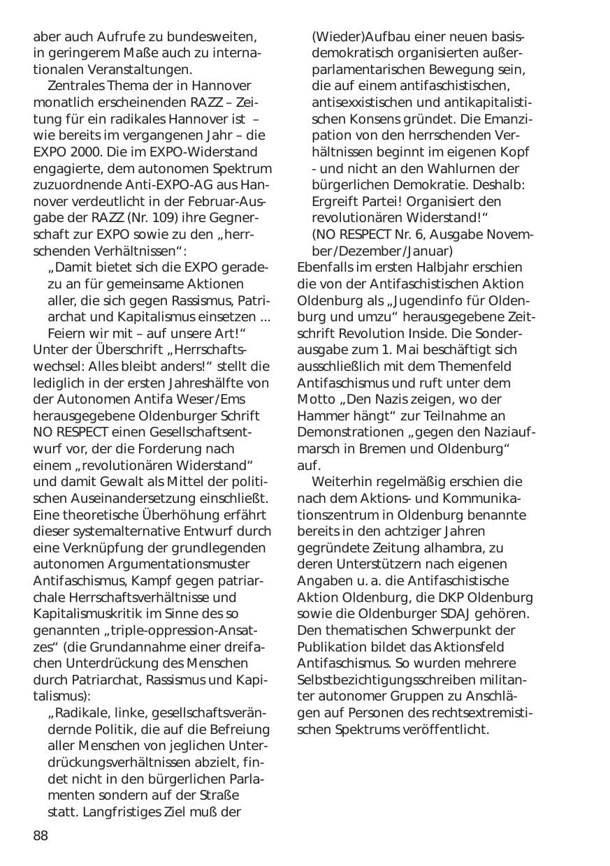 Seite 88 des Verfassungsschutzbericht 1999 Niedersachsen